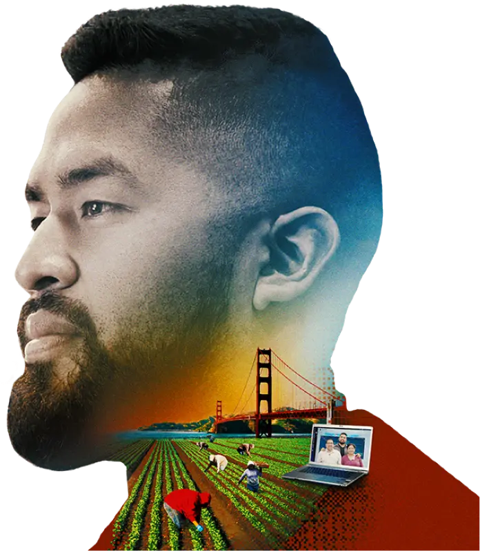 Portrait of Martín blended with the fields, the Golden Gate, and a laptop